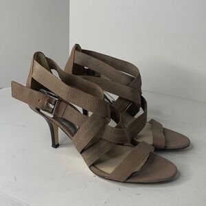 Michael Kors taupe leather Carina cross-strap heels